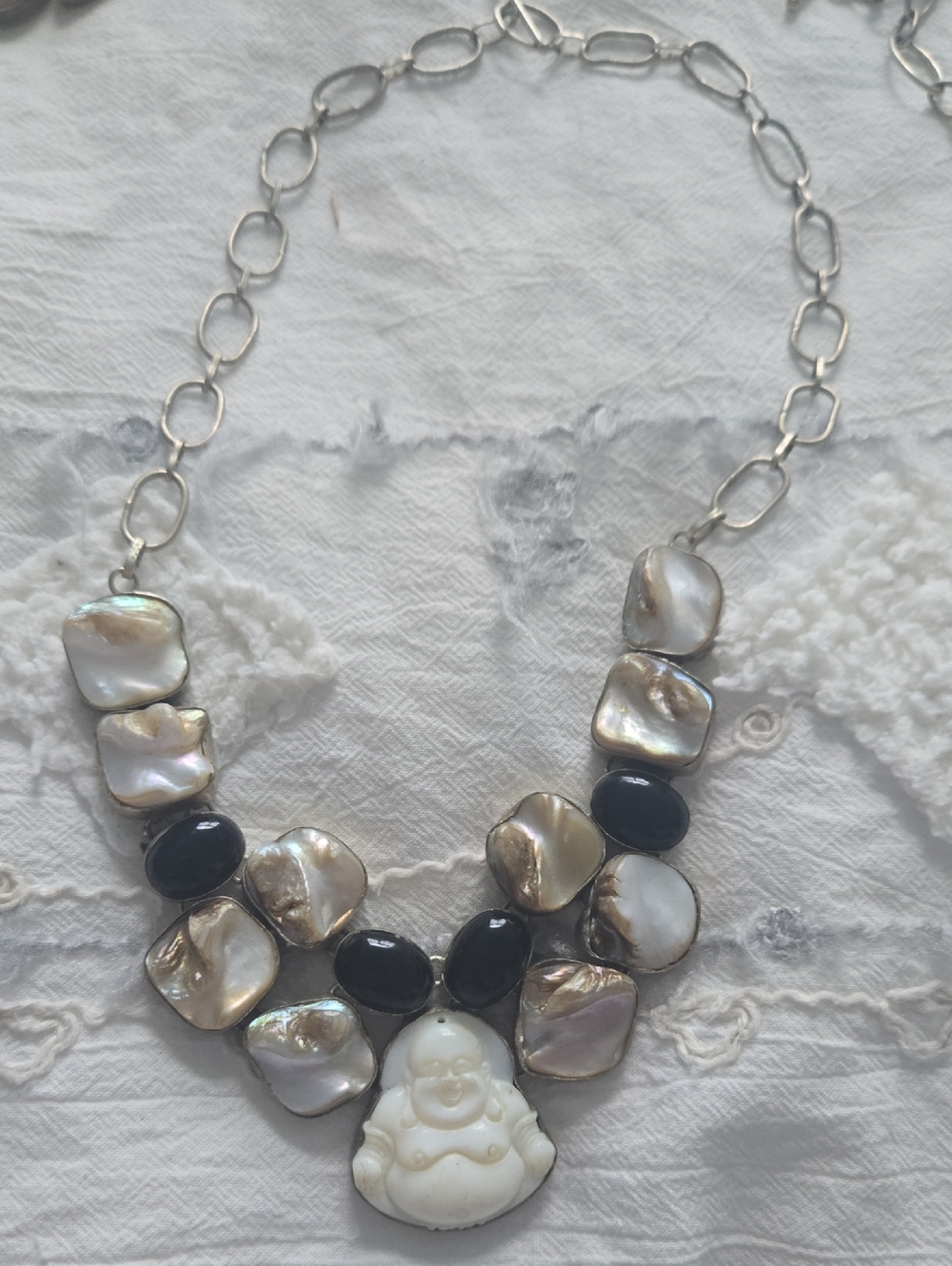 Mother-of-Pearl & Black Bead Buddha Statement Necklace
